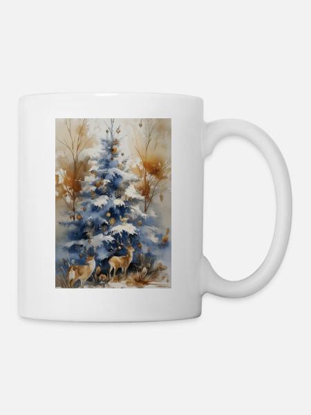 Blauer Weihnachtsbaum und Hirsch - Tasse - Weiß