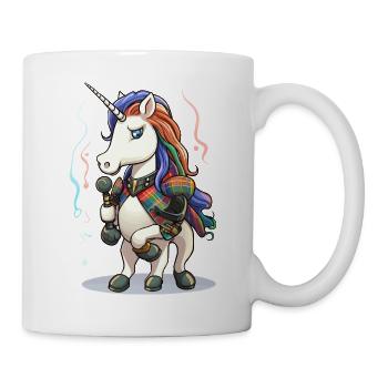 Einhorn mit Mikro auf bunter Plaid-Bühne - Tasse - Weiß - Rechts
