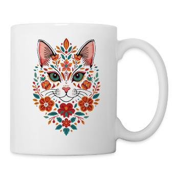 Blütenkatzenkopf Folk Art Muster - Tasse - Weiß - Rechts