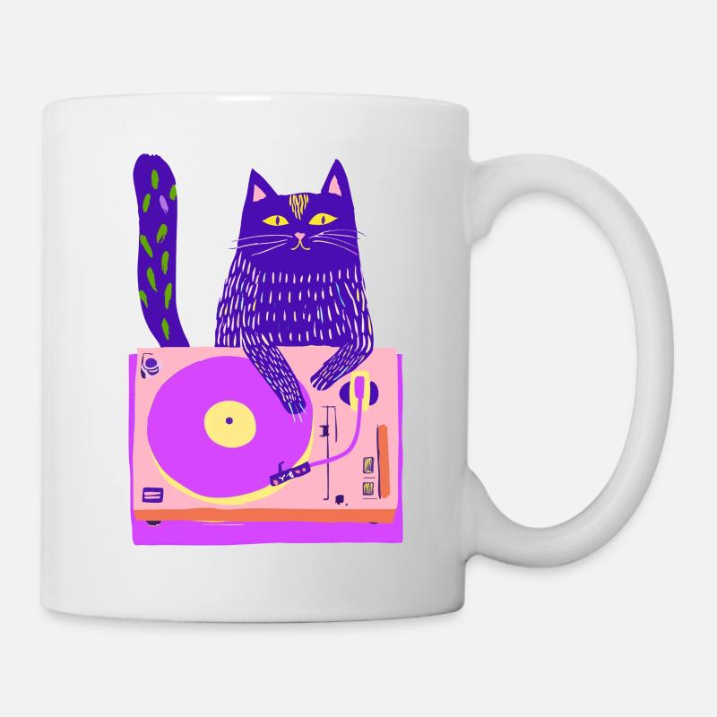 Neon-Katzen-DJ auf pinkem Plattenspieler - Tasse - Weiß
