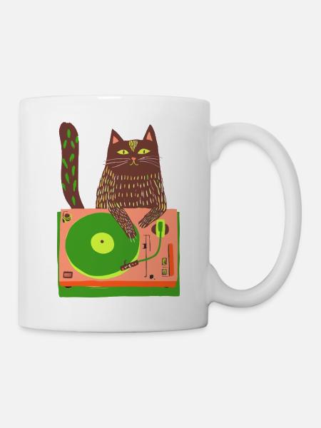 Katzen-DJ auf Neon-Plattenspieler - Tasse - Weiß