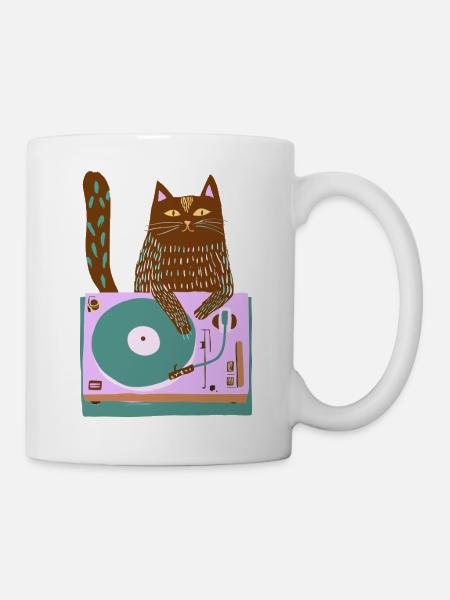 Katzen-DJ auf Retro-Plattenspieler - Tasse - Weiß