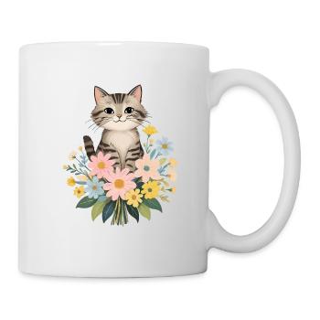 Katze mit Blumen - niedliches Tiermotiv - Tasse - Weiß - Rechts
