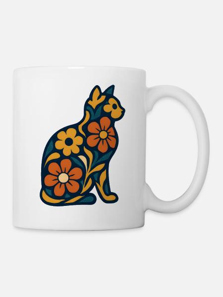 Blumenkatze im Nachtblau - Tasse - Weiß