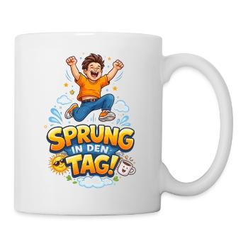 Sprung in den Tag – fröhlicher Cartoon - Tasse - Weiß - Rechts