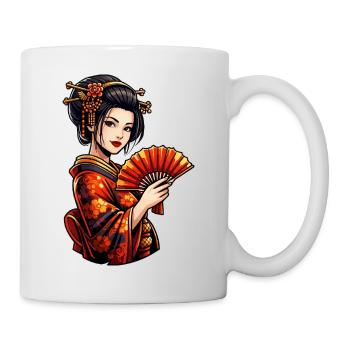 Geisha in red kimono with fan - Mug - white - Right