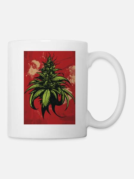 Grüne Hanfblatt-Illustration auf Rot - Tasse - Weiß