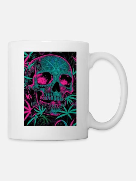 Neon-Skull mit Cannabisblatt-Pattern - Tasse - Weiß