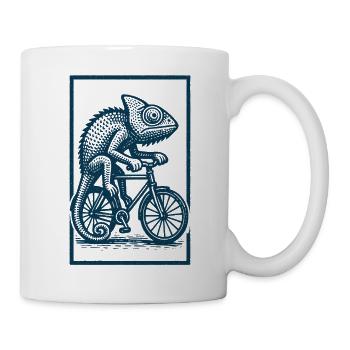 Chamäleon auf Fahrrad – Holzschnitt Tierkunst - Tasse - Weiß - Rechts