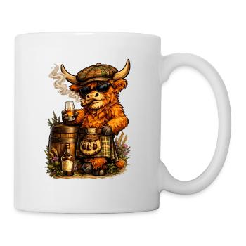Highland Cattle with Whisky Barrel, Cigar and Kilt - Mug - white - Right