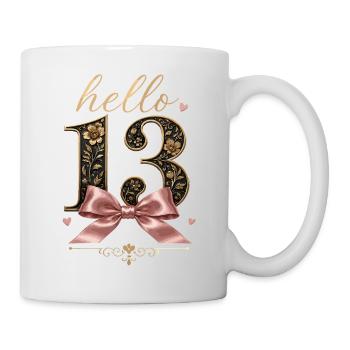 Hello 13 Year Old Gold and Pink Bow | Teen Birthday - Mug - white - Right