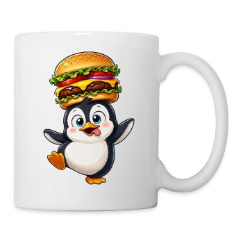Dessin animé drôle de pingouin avec un burger équilibrant - Mug blanc - blanc - Droite