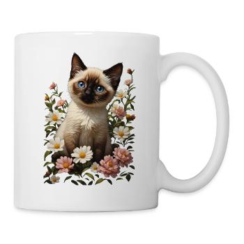 😻 Siamese cat among flowers – oil painting - Mug - white - Right