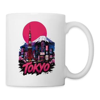 Tokyo neon skyline with pink sun - Mug - white - Right