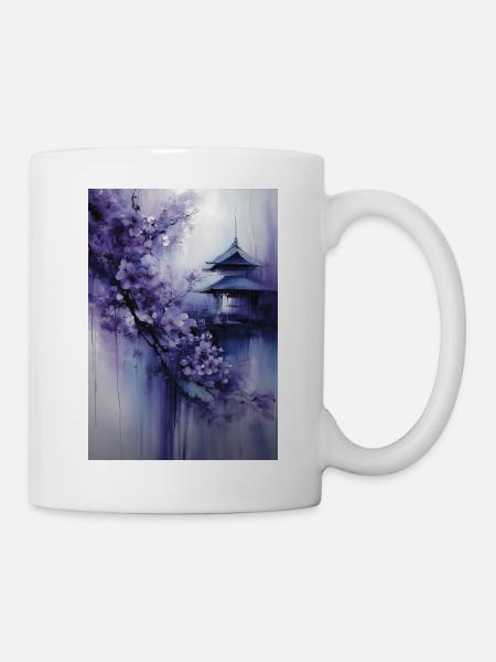 Lila Pagode und Blumen - Tasse - Weiß