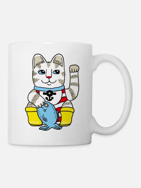 Glückskatze mit Fisch - Tasse - Weiß