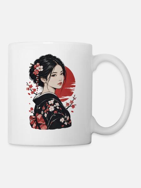 Kirschblüten Kimono Porträt - Tasse - Weiß