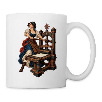 Vintage-Druckpresse mit Damenfigur - Tasse - Weiß - Rechts