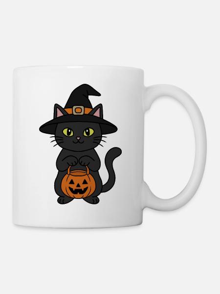 Hexenkatze und Kürbis - Tasse - Weiß