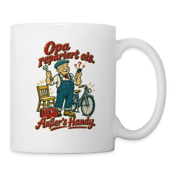 Opa repariert ois - Tasse - Weiß - Rechts