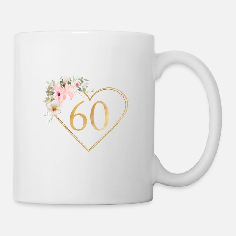 Zahl 60, Herz-Blumen-Design, personalisierbar - Tasse - Weiß