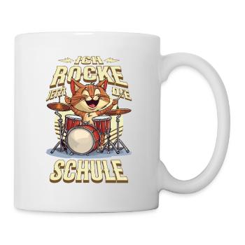 Schulkind Einschulung Katze Schlagzeug Rock Musik - Tasse - Weiß - Rechts