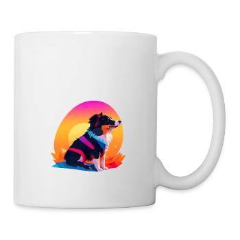 Verspielter Hund vor buntem Hintergrund: Skurril - Tasse - Weiß - Rechts