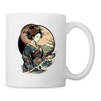 Geisha Aquarell Meer Wellen Asiatische Kunst Frau - Tasse - Weiß - Rechts