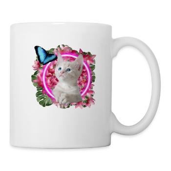Chaton mignon avec papillon bleu sur néon tropical - Mug blanc - blanc - Droite