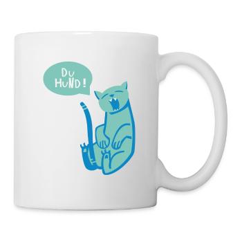 sitzende Katze mit Sprechblase miaut du Hund - Tasse - Weiß - Rechts