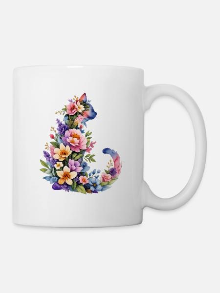 Katze Aquarell Blumen - Tasse - Weiß