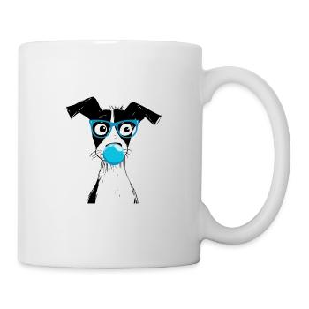 Hund schwarz-weiß mit blauer Brille und Kaugummi - Tasse - Weiß - Rechts