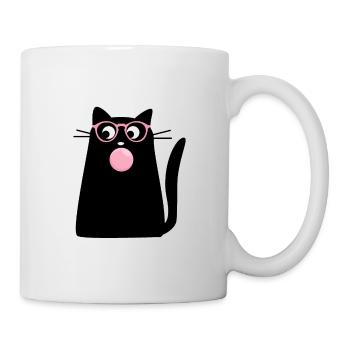 Schwarze Katze mit pinker Brille und Kaugummi - Tasse - Weiß - Rechts