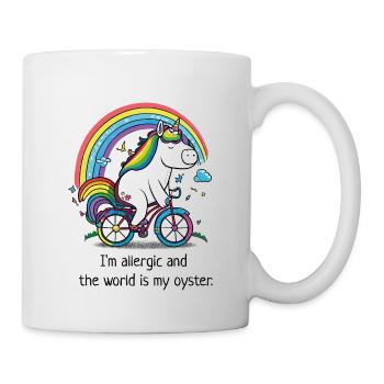 Unicorn on a bike with the slogan "allergic" - Mug - white - Right