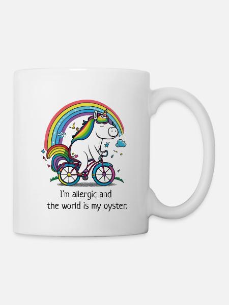 Unicorn on a bike with the slogan "allergic" - Mug - white