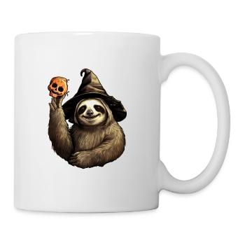 Halloween Faultier mit Hexenhut und Totenkopf - Tasse - Weiß - Rechts