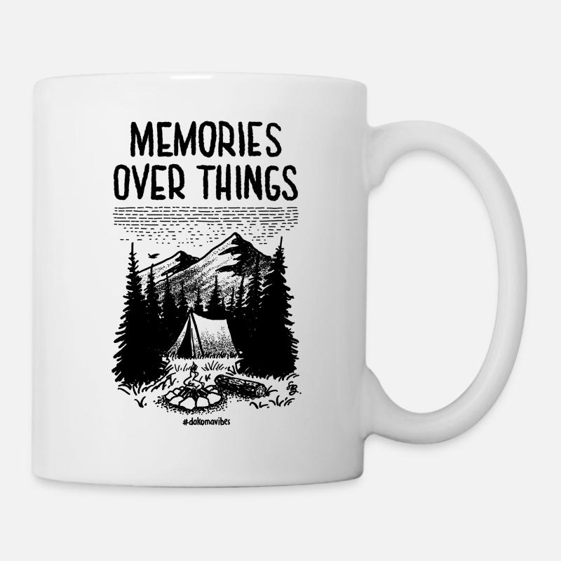 Memories Over Things, Zelt, Lagerfeuer, Berge - Tasse - Weiß