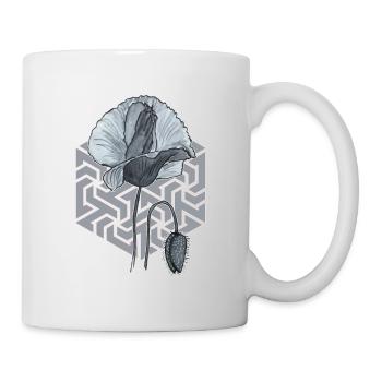 schwarzweiße Mohnblume mit Sechseck im Hintergrund - Tasse - Weiß - Rechts