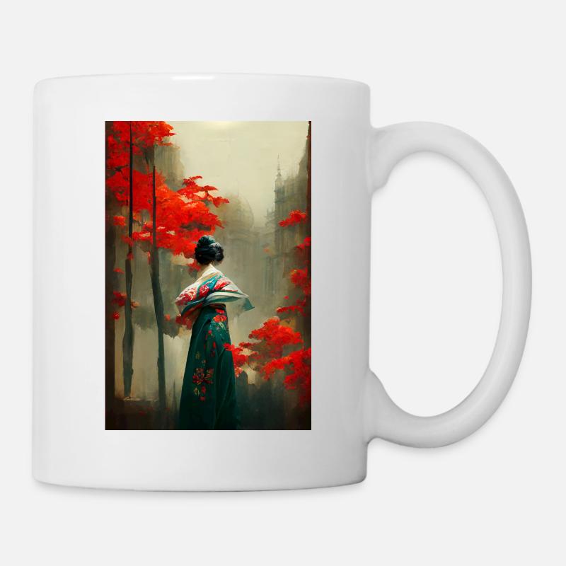 Geisha se tient sous les érables rouges - Mug blanc - blanc