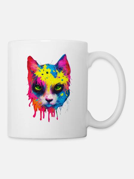 Katze Neonfarben Paint Splatter Farbenfroh - Tasse - Weiß