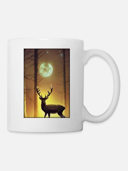 Hirsch Mond Mondlicht Wald Winter Schnee Waldtier - Tasse - Weiß
