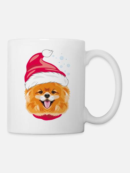 Glücklicher Pommernhund mit Weihnachtsmütze - Tasse - Weiß