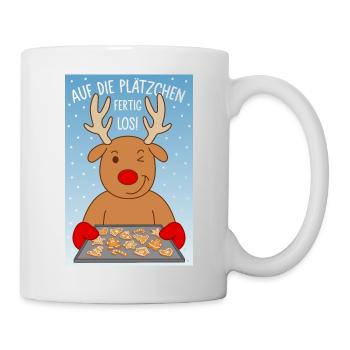 Rentier Backen Spruch Auf die Plätzchen fertig los - Tasse - Weiß - Rechts