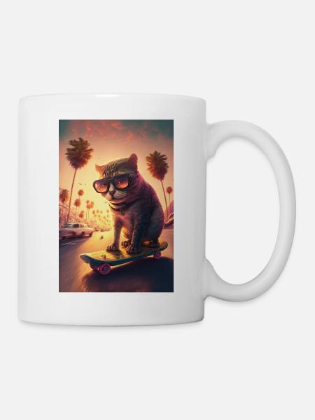 Katze Skateboard Sonnenbrille Palmen Skateboarding - Tasse - Weiß