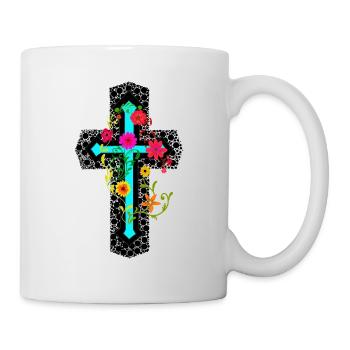 Kreuz Kreuze Kruzifix Blumen blühen Schöpfung - Tasse - Weiß - Rechts