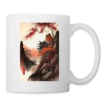 Chinese Landscape Red Black Ink Temple - Mug - white - Right