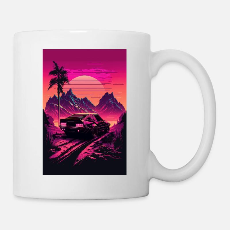 Synthwave Landshaft Rennauto Retro Sonne Palmen - Tasse - Weiß