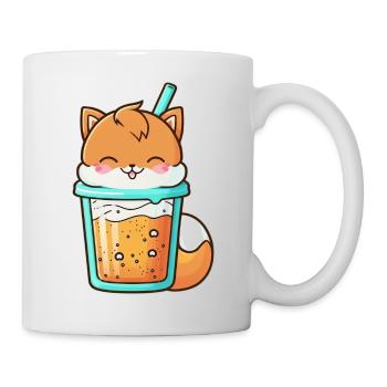 Kawaii Cute Happy Colorful Fox Drinking Bubble Tea - Mug - white - Right