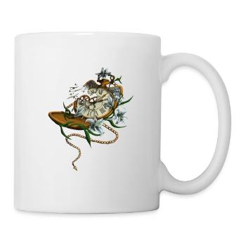 Zerbrochene Taschenuhr mit Flügeln und Lilien - Tasse - Weiß - Rechts