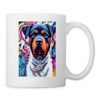 Rottweiler Hund im Pelzmantel vor Graffiti |PopArt - Tasse - Weiß - Rechts